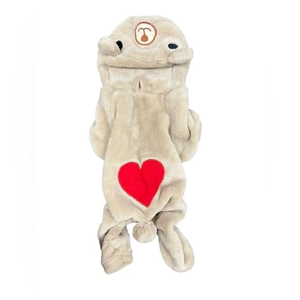 XS/S Dog Fleece Onsie, Hooded Bear Ears, Heart, Like New - Picture 2 of 3